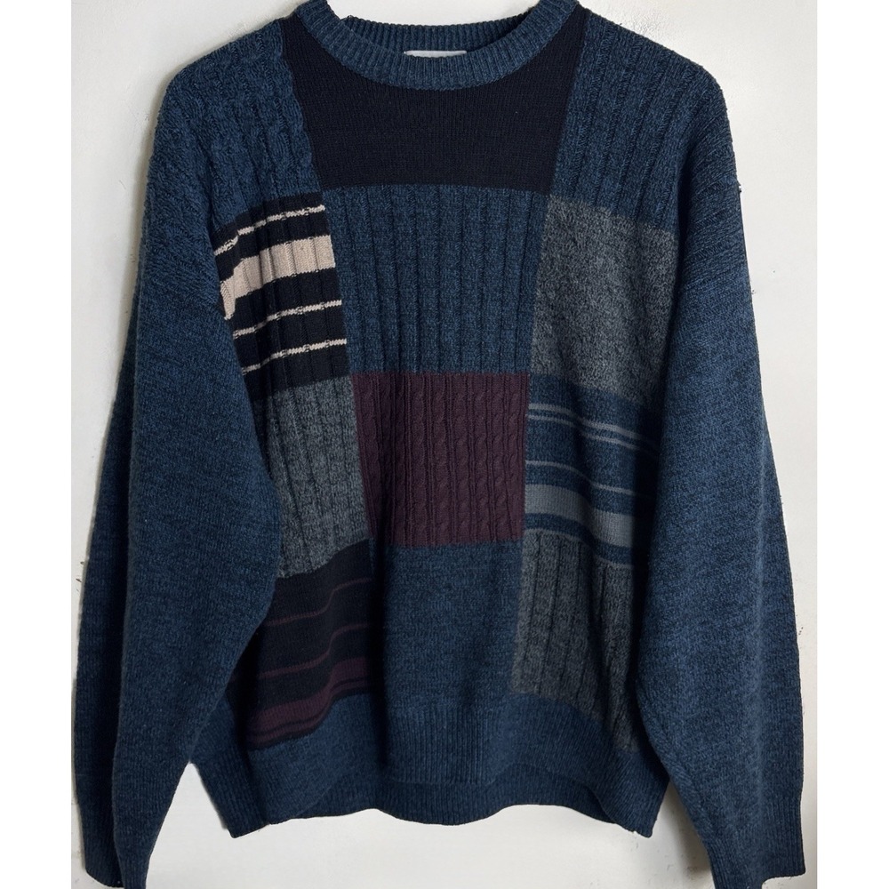 Vintage 90s David Taylor Patchwork Geometric Sweater Mens XL Blue Knit Retro